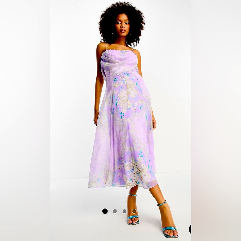 ASOS DESIGN corset midi dress with soft cowl front in lilac floral print